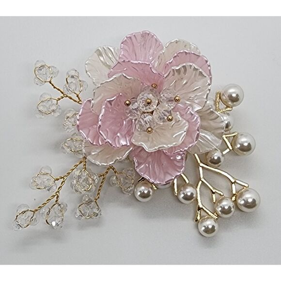 Flower Corsage Style Brooch Faux Pearl Rhinestone Acrylic Delicate Pink & White - Picture 1 of 4